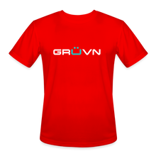 Load image into Gallery viewer, GRÜVN Men’s Moisture Wicking Performance T-Shirt - Z on back - White & Blue Logo (4 Colors) - red