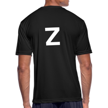 Load image into Gallery viewer, GRÜVN Men’s Moisture Wicking Performance T-Shirt - Z on back - White & Blue Logo (4 Colors) - black
