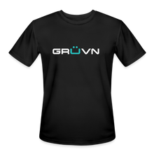 Load image into Gallery viewer, GRÜVN Men’s Moisture Wicking Performance T-Shirt - Z on back - White & Blue Logo (4 Colors) - black