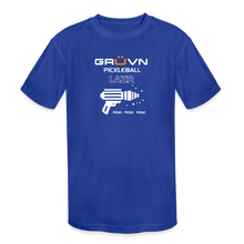 Load image into Gallery viewer, GRÜVN Kids' Moisture Wicking Performance T-Shirt - Space Ray Gun - White & Orange Logo (2 Colors) - royal blue
