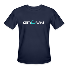 Load image into Gallery viewer, GRÜVN Men’s Moisture Wicking Performance T-Shirt - Z on back - White & Blue Logo (4 Colors) - navy