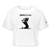 Load image into Gallery viewer, GRÜVN "Seal in Shades" Champion Women’s Cropped T-Shirt - Black Logo (2 Colors) - white
