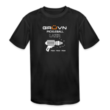 Load image into Gallery viewer, GRÜVN Kids' Moisture Wicking Performance T-Shirt - Space Ray Gun - White & Orange Logo (2 Colors) - black