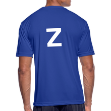 Load image into Gallery viewer, GRÜVN Men’s Moisture Wicking Performance T-Shirt - Z on back - White & Blue Logo (4 Colors) - royal blue