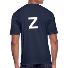Load image into Gallery viewer, GRÜVN Men’s Moisture Wicking Performance T-Shirt - Z on back - White & Blue Logo (4 Colors) - navy