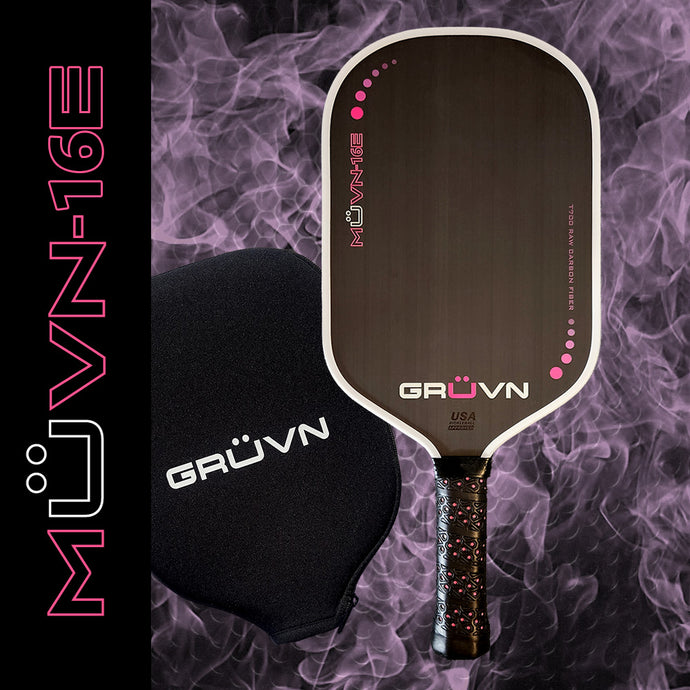 GRUVN MUVN-16E thermoformed pickleball paddle elongated 16mm short handle pink with white edge guard