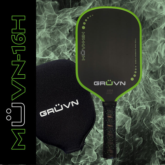GRUVN MUVN-16H thermoformed pickleball paddle carbon fiber long handle green edge guard