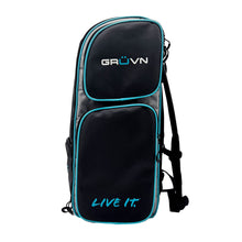 Load image into Gallery viewer, GRUVN Pro Tour Backpack Pickleball Bag Court Bag with fence hook and shoe compartment - Black Blue Teal and Silver