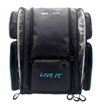 Load image into Gallery viewer, GRUVN Pro Tour Backpack Pickleball Bag Court Bag with fence hook and shoe compartment - Black Blue Teal and Silver