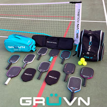 Load image into Gallery viewer, GRUVN portable pickleball net with pickleball paddles and bags
