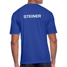Load image into Gallery viewer, GRÜVN Men’s Moisture Wicking Performance T-Shirt - Steiner on back - Orange Smile (5 Colors) - royal blue