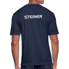 Load image into Gallery viewer, GRÜVN Men’s Moisture Wicking Performance T-Shirt - Steiner on back - Orange Smile (5 Colors) - navy