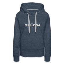 Load image into Gallery viewer, GRÜVN Women’s Premium Hoodie - White Logo - Team GRUVN on back (9 Colors) - heather denim