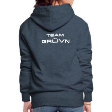 Load image into Gallery viewer, GRÜVN Women’s Premium Hoodie - White Logo - Team GRUVN on back (9 Colors) - heather denim
