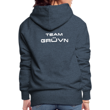 Load image into Gallery viewer, GRÜVN Women’s Premium Hoodie - White Logo - Team GRUVN on back (9 Colors) - heather denim