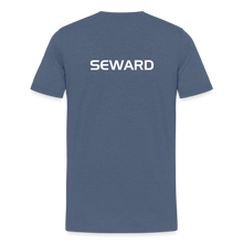 Load image into Gallery viewer, GRÜVN Men's Premium T-Shirt - White & Blue Logo (SEWARD on back) - heather blue