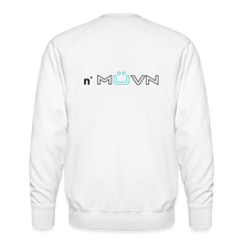 Load image into Gallery viewer, GRÜVN Men’s Premium Sweatshirt - n&#39; MUVN on back - Black &amp; Blue Logo (3 Colors) - white

