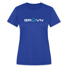 Load image into Gallery viewer, GRÜVN Women's Moisture Wicking Performance T-Shirt - White & Blue Logo (3 Colors) - royal blue