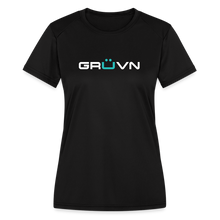 Load image into Gallery viewer, GRÜVN Women's Moisture Wicking Performance T-Shirt - White & Blue Logo (3 Colors) - black