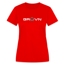 Load image into Gallery viewer, GRÜVN Women's Moisture Wicking Performance T-Shirt - White & Blue Logo (3 Colors) - red