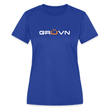 Load image into Gallery viewer, GRÜVN Women's Moisture Wicking Performance T-Shirt - White & Orange Logo (4 Colors) - royal blue