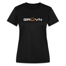 Load image into Gallery viewer, GRÜVN Women's Moisture Wicking Performance T-Shirt - White & Orange Logo (4 Colors) - black