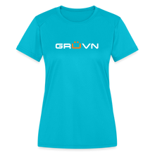 Load image into Gallery viewer, GRÜVN Women's Moisture Wicking Performance T-Shirt - White & Orange Logo (4 Colors) - turquoise