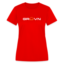 Load image into Gallery viewer, GRÜVN Women's Moisture Wicking Performance T-Shirt - White & Orange Logo (4 Colors) - red