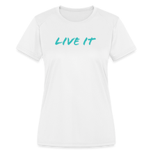 Load image into Gallery viewer, LIVE IT Women's Moisture Wicking Performance T-Shirt (GRUVN on back) - Blue Logo (4 Colors) - white