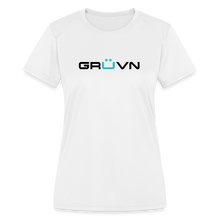 Load image into Gallery viewer, GRÜVN Women's Moisture Wicking Performance T-Shirt - Black & Blue Logo (3 Colors) - white