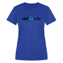 Load image into Gallery viewer, GRÜVN Women's Moisture Wicking Performance T-Shirt - Black & Blue Logo (3 Colors) - royal blue
