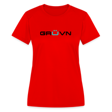 Load image into Gallery viewer, GRÜVN Women's Moisture Wicking Performance T-Shirt - Black & Blue Logo (3 Colors) - red