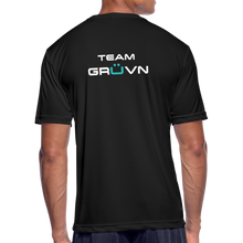 Load image into Gallery viewer, GRÜVN Men’s Moisture Wicking Performance T-Shirt (TEAM GRUVN on back) - White & Blue Logo (5 Colors) - black
