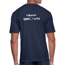 Load image into Gallery viewer, GRÜVN Men’s Moisture Wicking Performance T-Shirt (TEAM GRUVN on back) - White & Blue Logo (5 Colors) - navy