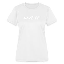 Load image into Gallery viewer, LIVE IT Women's Moisture Wicking Performance T-Shirt (GRUVN on back) - White Logo (4 Colors) - white