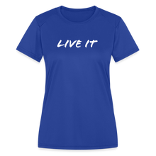 Load image into Gallery viewer, LIVE IT Women's Moisture Wicking Performance T-Shirt (GRUVN on back) - White Logo (4 Colors) - royal blue