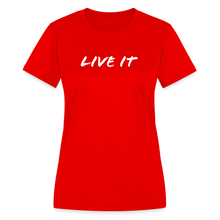 Load image into Gallery viewer, LIVE IT Women's Moisture Wicking Performance T-Shirt (GRUVN on back) - White Logo (4 Colors) - red