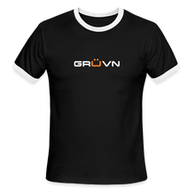 Load image into Gallery viewer, GRÜVN Men's Ringer T-Shirt (MENDOZA on back) - White & Orange Logo - black/white