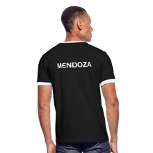 Load image into Gallery viewer, GRÜVN Men's Ringer T-Shirt (MENDOZA on back) - White & Orange Logo - black/white