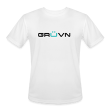 Load image into Gallery viewer, GRÜVN - LIVE IT RAW (on back) Men’s Moisture Wicking Performance T-Shirt - Black & Blue Logo (5 Colors) - white