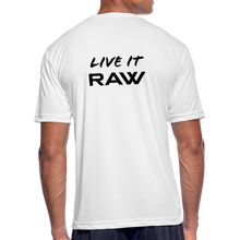 Load image into Gallery viewer, GRÜVN - LIVE IT RAW (on back) Men’s Moisture Wicking Performance T-Shirt - Black & Blue Logo (5 Colors) - white