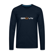Load image into Gallery viewer, GRÜVN Men's Premium Long Sleeve T-Shirt - White & Orange with Triad (4 Colors) - deep navy