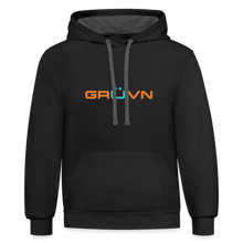 Load image into Gallery viewer, GRÜVN Unisex Contrast Hoodie - Blue & Orange Logo with Triad - black/asphalt