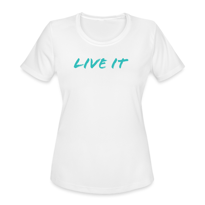 LIVE IT Women's Moisture Wicking Performance T-Shirt (GRUVN on back) - Blue Logo (4 Colors) - white