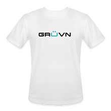 Load image into Gallery viewer, GRÜVN Men’s Moisture Wicking Performance T-Shirt (TEAM GRUVN on back) - Black & Blue Logo (4 Colors) - white