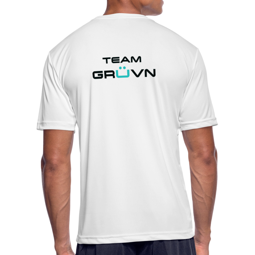 GRÜVN Men’s Moisture Wicking Performance T-Shirt (TEAM GRUVN on back) - Black & Blue Logo (4 Colors) - white
