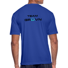 Load image into Gallery viewer, GRÜVN Men’s Moisture Wicking Performance T-Shirt (TEAM GRUVN on back) - Black & Blue Logo (4 Colors) - royal blue