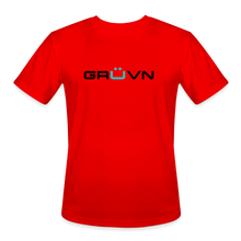 Load image into Gallery viewer, GRÜVN Men’s Moisture Wicking Performance T-Shirt (TEAM GRUVN on back) - Black & Blue Logo (4 Colors) - red