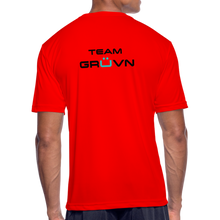 Load image into Gallery viewer, GRÜVN Men’s Moisture Wicking Performance T-Shirt (TEAM GRUVN on back) - Black & Blue Logo (4 Colors) - red