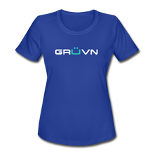 Load image into Gallery viewer, GRÜVN Women&#39;s Moisture Wicking Performance T-Shirt - White &amp; Blue Logo (3 Colors) - royal blue
